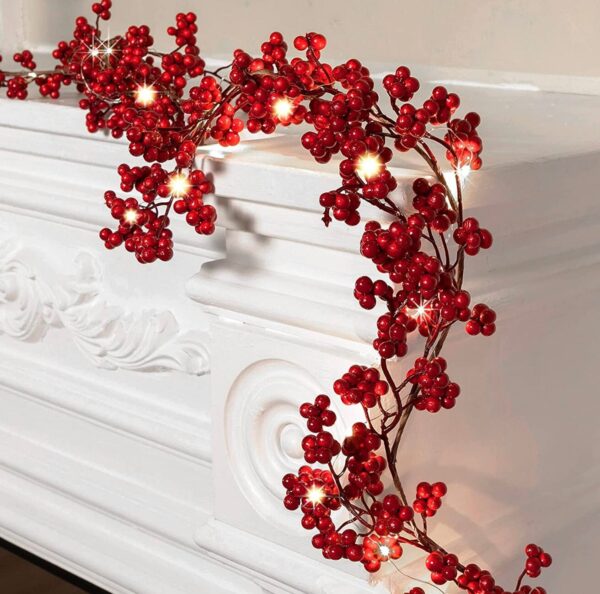 5.9 FT. Faux Red Berry Christmas Garland FREE LED Lights Holiday Garland Tree Decorations Primitive Old Decor Mantle Fireplace Free Ship