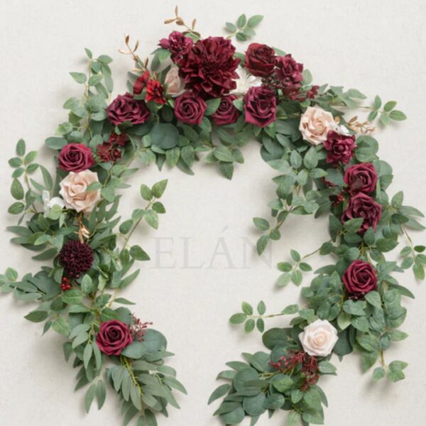 6 FT. Burgundy Roses Flower Garland Deep Red Eucalyptus Floral Garland Floral Table Runner Wedding Decor Rehearsal Dinner Bridal Shower