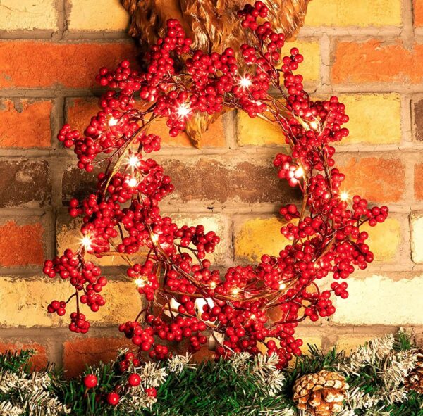 5.9 FT. Faux Red Berry Christmas Garland FREE LED Lights Holiday Garland Tree Decorations Primitive Old Decor Mantle Fireplace Free Ship