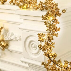 5.9 FT. Faux Gold Berry Christmas Garland FREE LED Lights Metallic Holiday Garland Tree Decorations Primitive Old Decor Mantle Fireplace