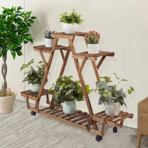 Wooden Plant Shelf, 6 Potted Carbonized Wood Plant Holders, Flower Pot Stand, Display Storage Rack with Wheels for Garden, Garden Display