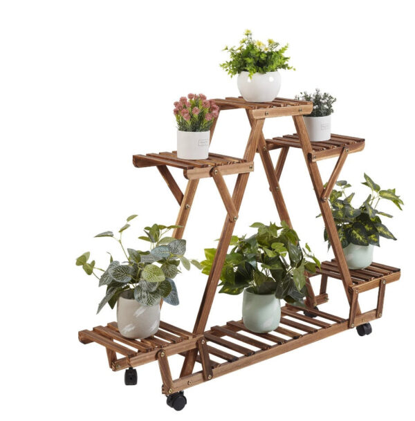 Wooden Plant Shelf, 6 Potted Carbonized Wood Plant Holders, Flower Pot Stand, Display Storage Rack with Wheels for Garden, Garden Display