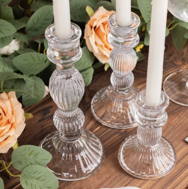 THREE Clear Glass Taper Candle Holder Set Centerpiece Wedding Reception Table Decorations Crystal Decorations Wholesale Housewarming Gift