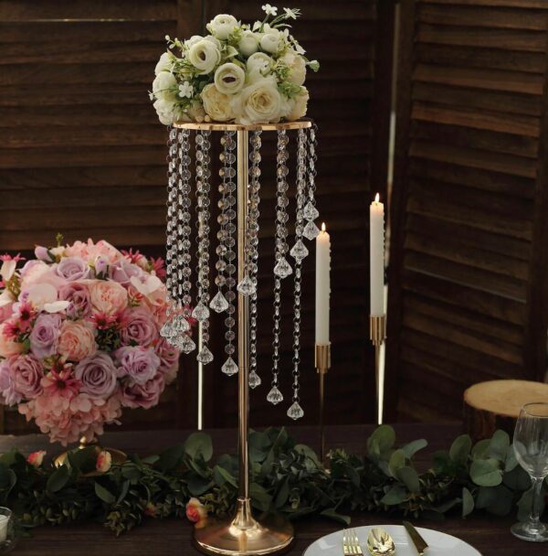 TWO 24" Gold Crystal Flower Stand Wedding Reception Centerpieces Floral Arrangements Floral Pedestals Table Decorations Hanging Crystals