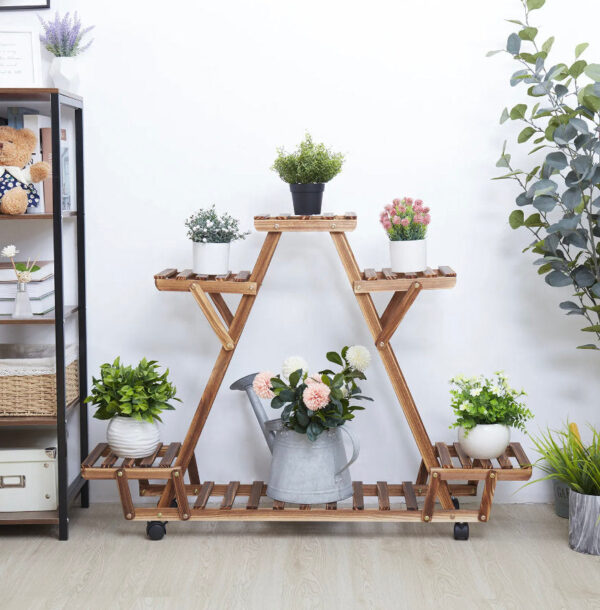 Wooden Plant Shelf, 6 Potted Carbonized Wood Plant Holders, Flower Pot Stand, Display Storage Rack with Wheels for Garden, Garden Display