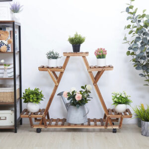 Wooden Plant Shelf, 6 Potted Carbonized Wood Plant Holders, Flower Pot Stand, Display Storage Rack with Wheels for Garden, Garden Display