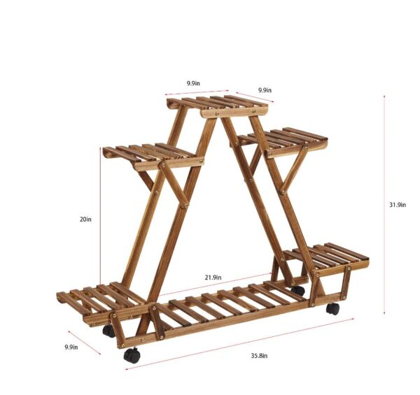 Wooden Plant Shelf, 6 Potted Carbonized Wood Plant Holders, Flower Pot Stand, Display Storage Rack with Wheels for Garden, Garden Display