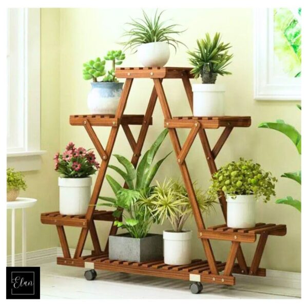 Wooden Plant Shelf, 6 Potted Carbonized Wood Plant Holders, Flower Pot Stand, Display Storage Rack with Wheels for Garden, Garden Display