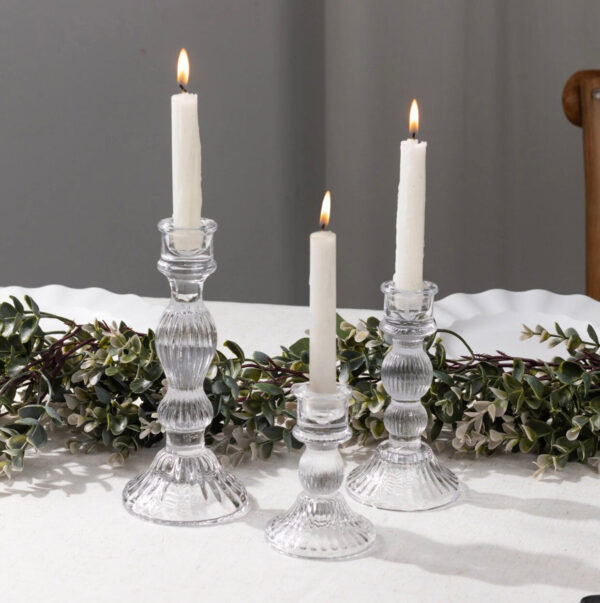 THREE Clear Glass Taper Candle Holder Set Centerpiece Wedding Reception Table Decorations Crystal Decorations Wholesale Housewarming Gift