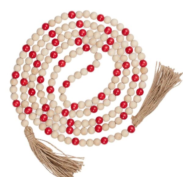 9 FT. Red and Natural Wooden Bead Garland, Christmas Tree Decorations, Primitive String Garlands Old Decor, Wholesale Farmhouse Wood Beads