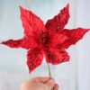 Set of Two Red Sparkling Velvet Artificial Poinsettia Pick - Image 2