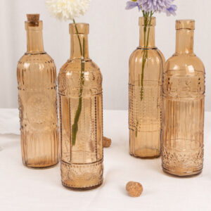 10” Tall Set of 4 Amber Gold Vintage Colored Wine Glass Bottles with Corks