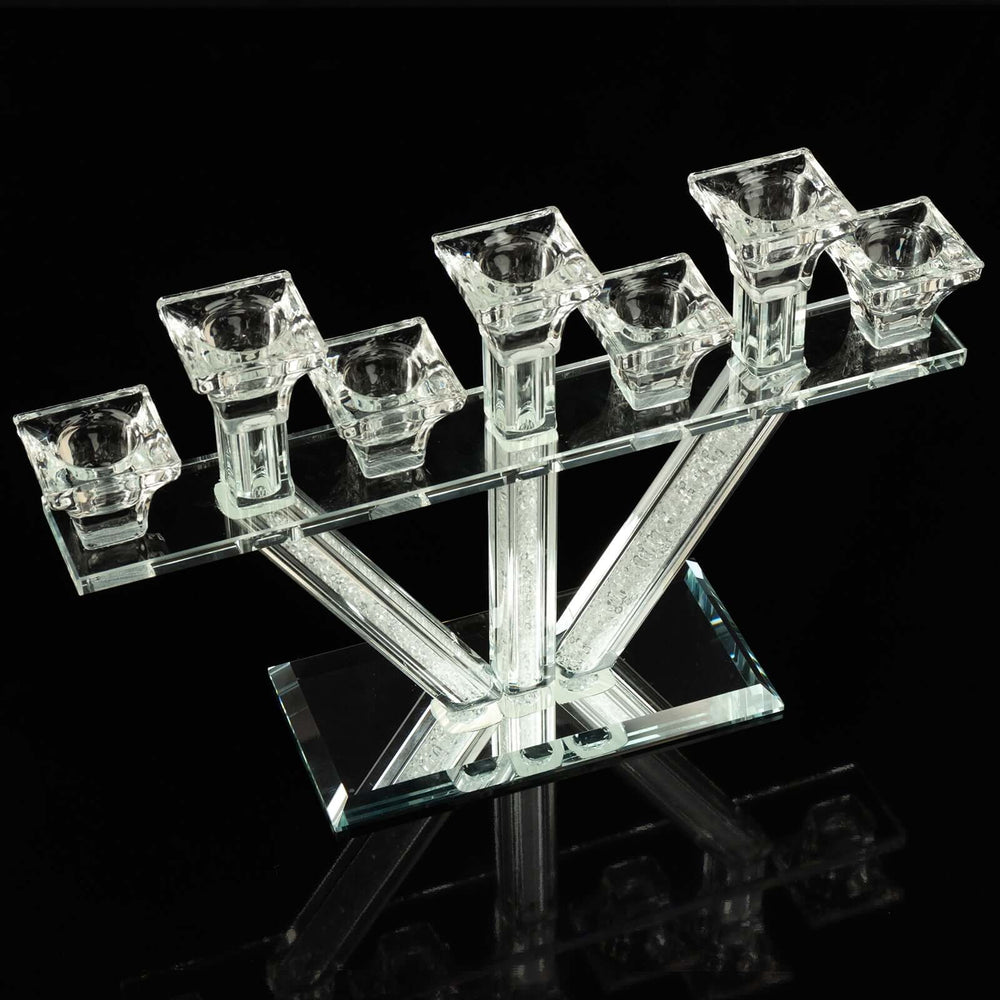 12″ Crystal Glass Hanukkah Candelabra, Seven Taper Candle Stick Holder Stand Jewish Menorah