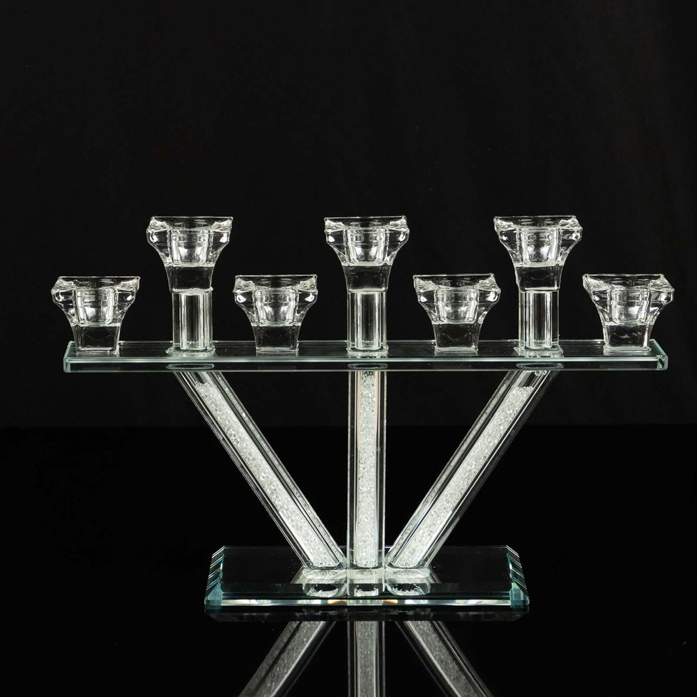 12″ Crystal Glass Hanukkah Candelabra, Seven Taper Candle Stick Holder Stand Jewish Menorah