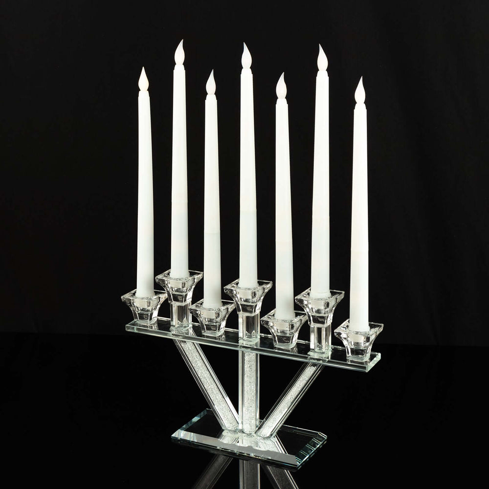 12″ Crystal Glass Hanukkah Candelabra, Seven Taper Candle Stick Holder Stand Jewish Menorah