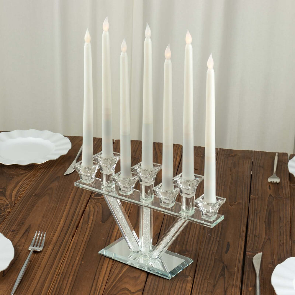 12″ Crystal Glass Hanukkah Candelabra, Seven Taper Candle Stick Holder Stand Jewish Menorah