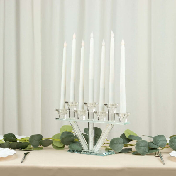 12″ Crystal Glass Hanukkah Candelabra, Seven Taper Candle Stick Holder Stand Jewish Menorah