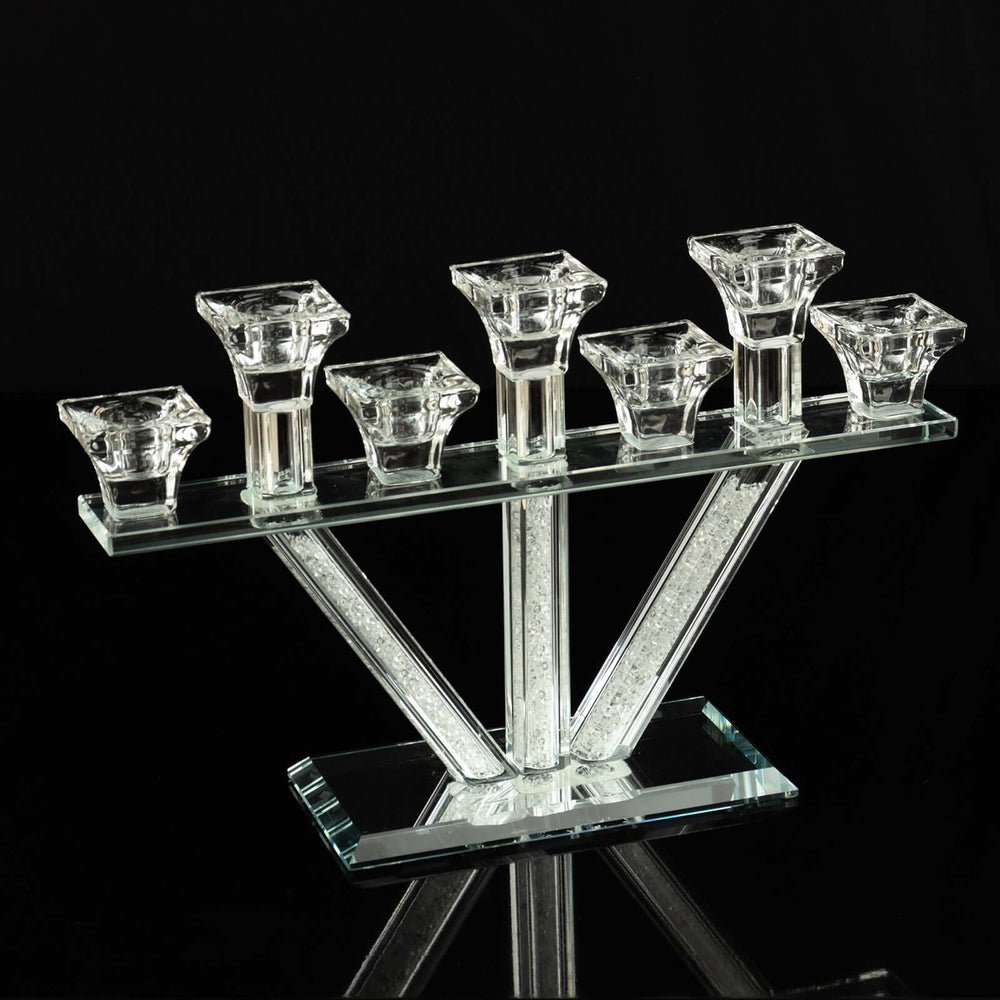 12″ Crystal Glass Hanukkah Candelabra, Seven Taper Candle Stick Holder Stand Jewish Menorah
