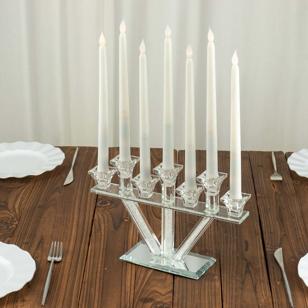 12″ Crystal Glass Hanukkah Candelabra, Seven Taper Candle Stick Holder Stand Jewish Menorah