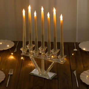 12″ Crystal Glass Hanukkah Candelabra, Seven Taper Candle Stick Holder Stand Jewish Menorah