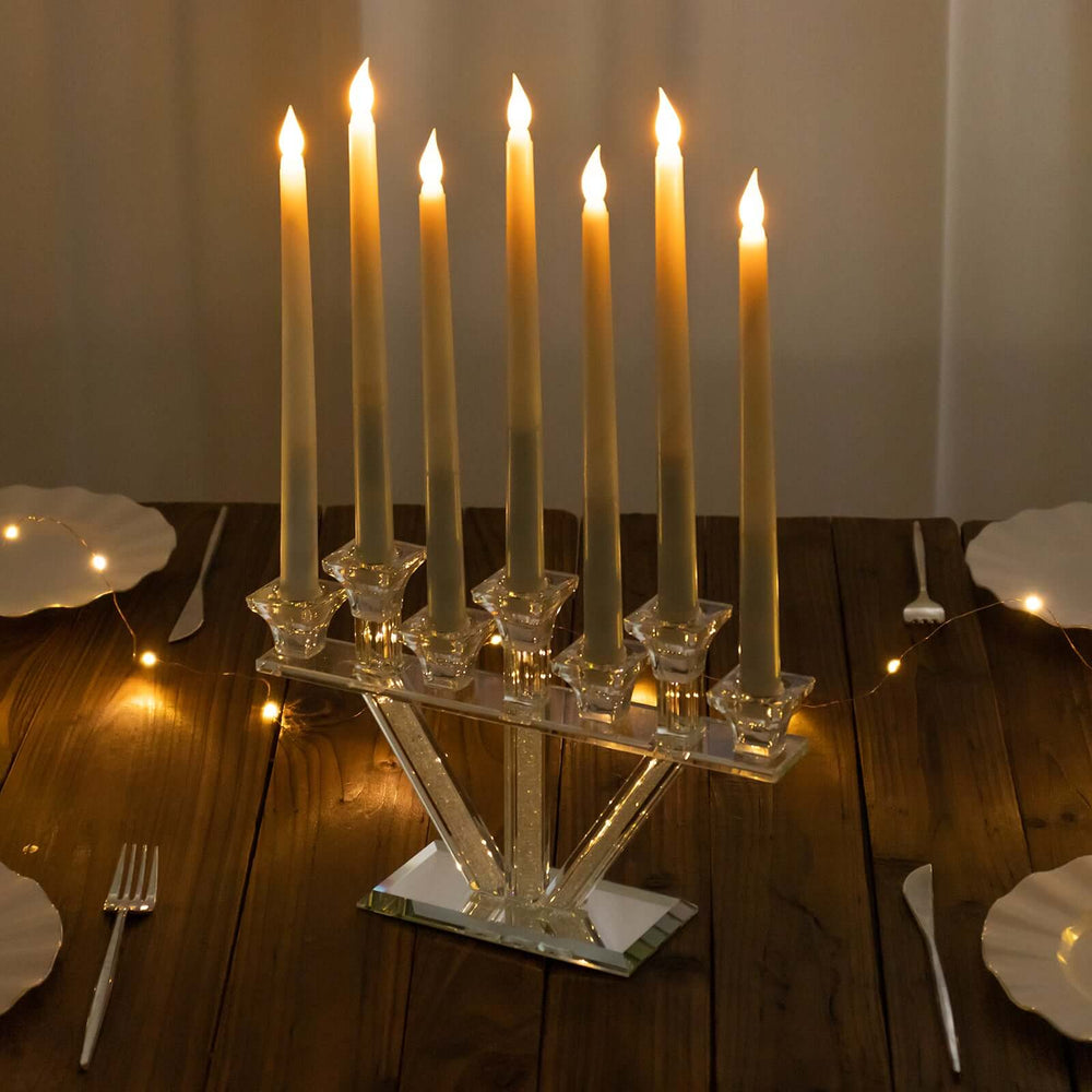 12″ Crystal Glass Hanukkah Candelabra, Seven Taper Candle Stick Holder Stand Jewish Menorah