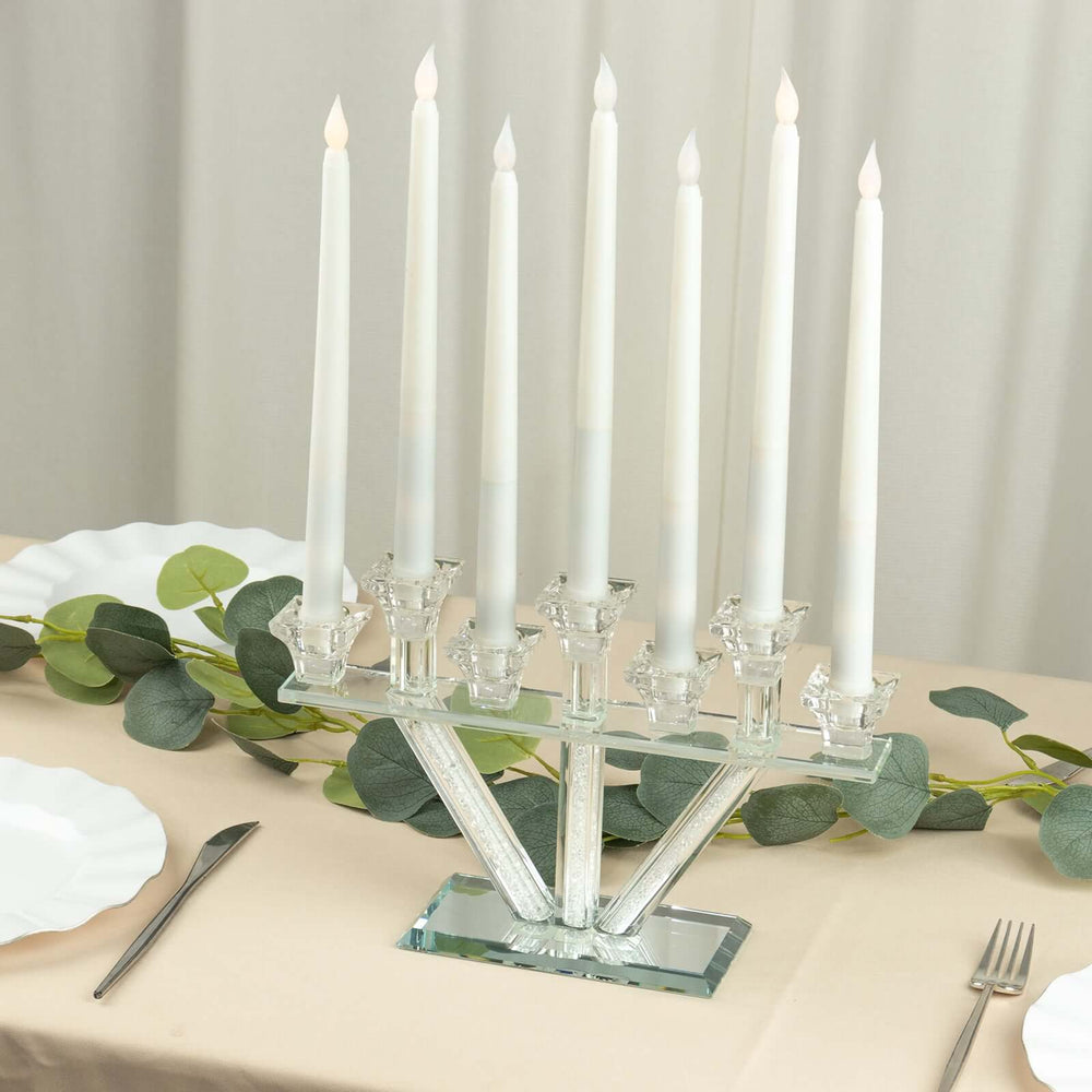 12″ Crystal Glass Hanukkah Candelabra, Seven Taper Candle Stick Holder Stand Jewish Menorah