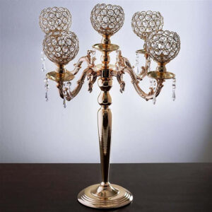 25” Five Arm Gold Crystal Beaded Globe Metal Candelabra Candle Holder