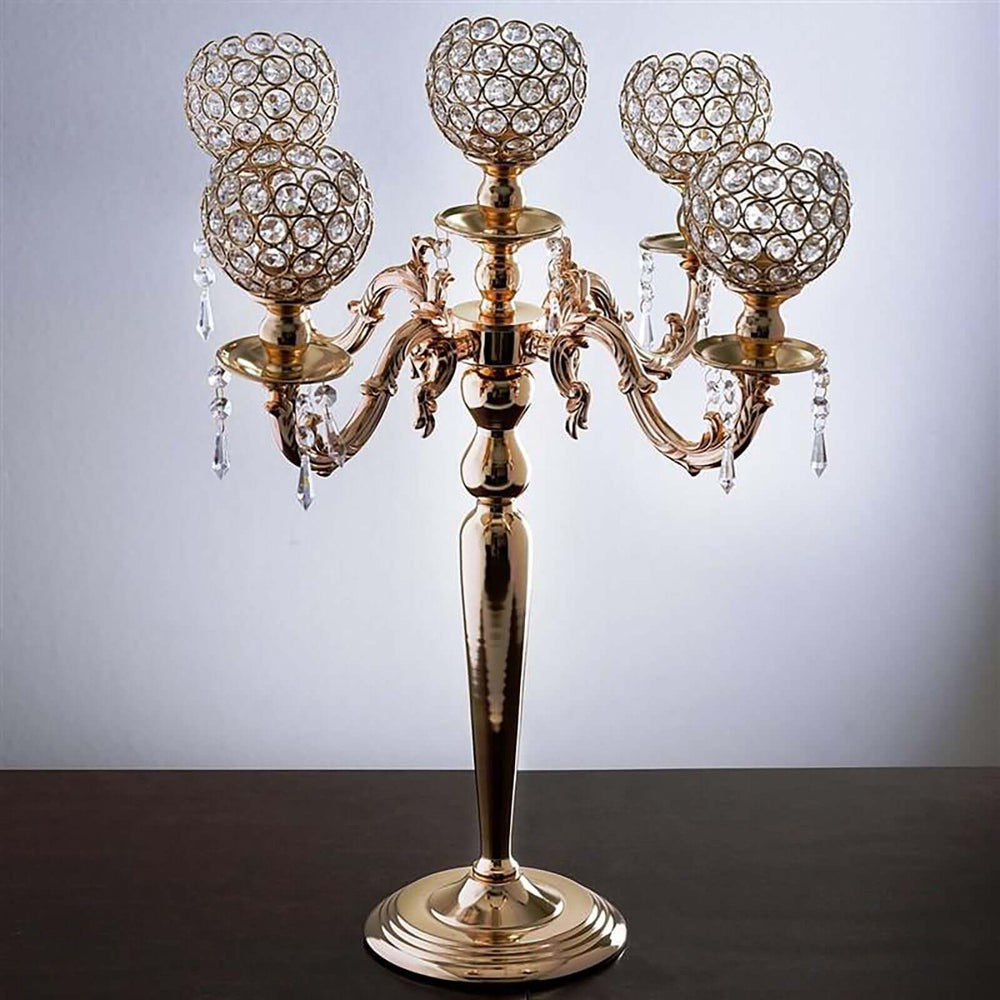 25” Five Arm Gold Crystal Beaded Globe Metal Candelabra Candle Holder