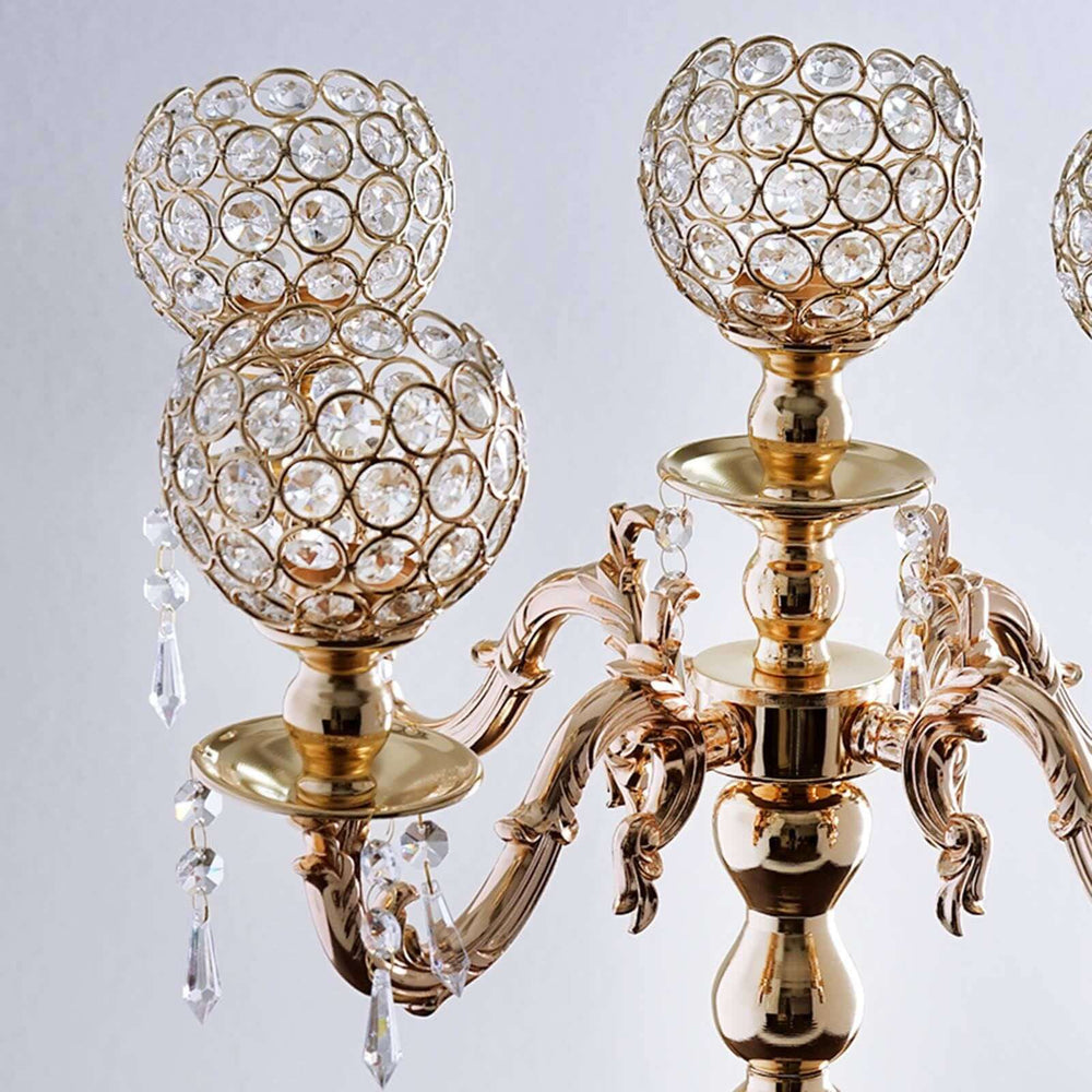 25” Five Arm Gold Crystal Beaded Globe Metal Candelabra Candle Holder