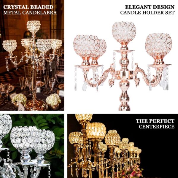 25” Five Arm Gold Crystal Beaded Globe Metal Candelabra Candle Holder