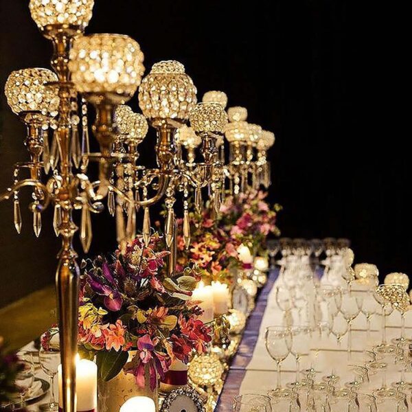 25” Five Arm Gold Crystal Beaded Globe Metal Candelabra Candle Holder