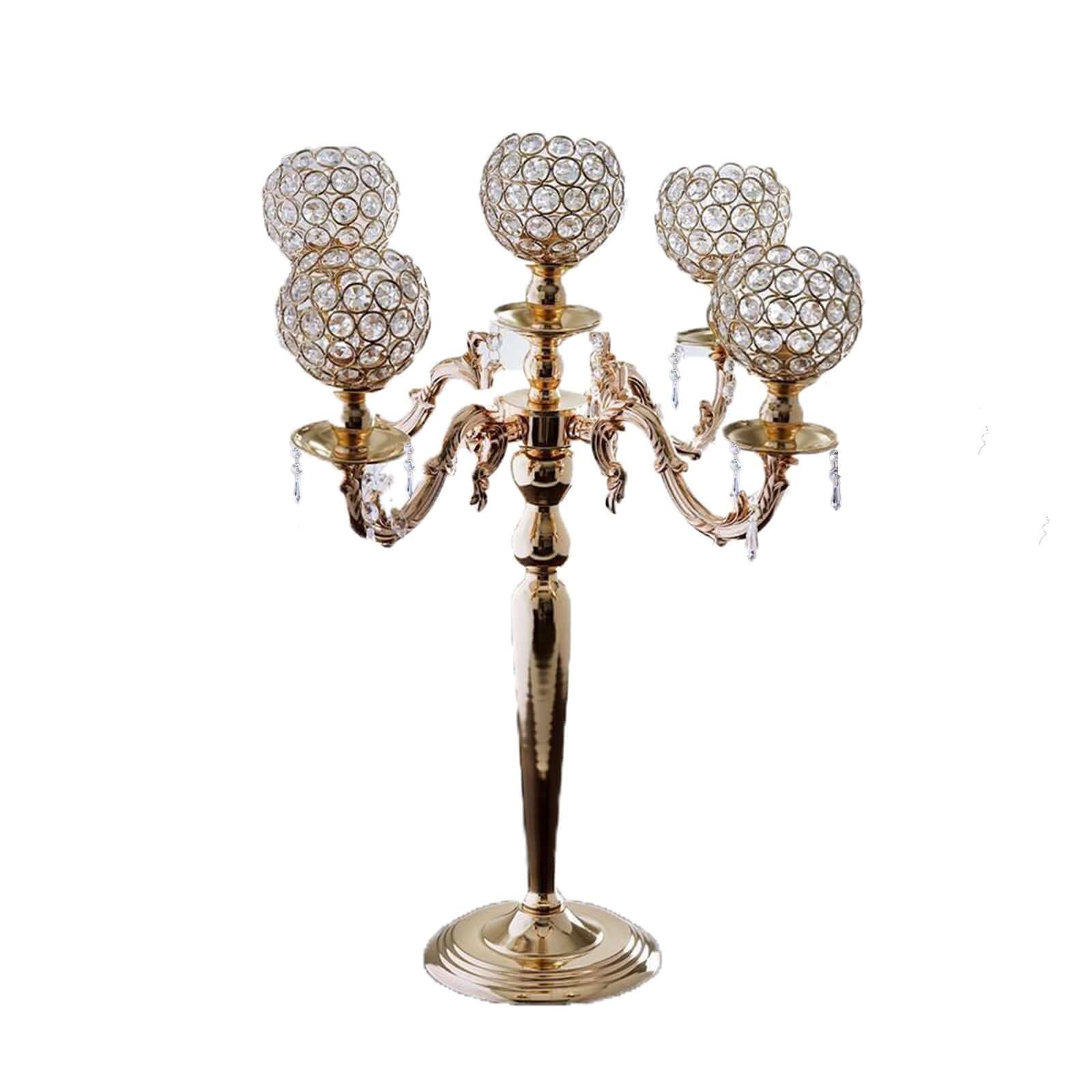 25” Five Arm Gold Crystal Beaded Globe Metal Candelabra Candle Holder