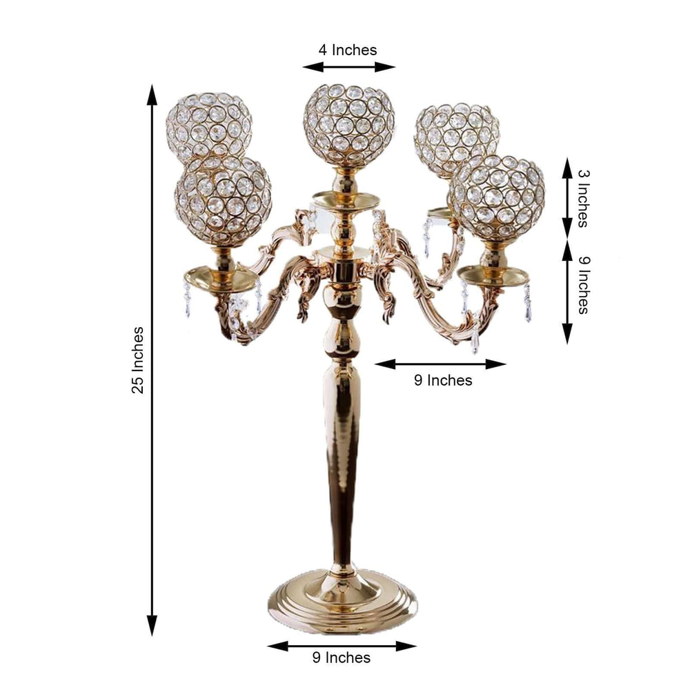 25” Five Arm Gold Crystal Beaded Globe Metal Candelabra Candle Holder
