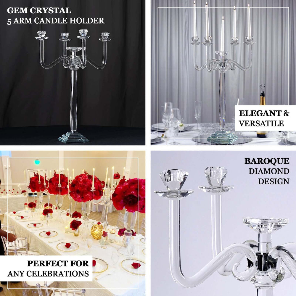 27” Classic Five Arm Premium Crystal Glass Taper Candle Holder Candelabra Stand