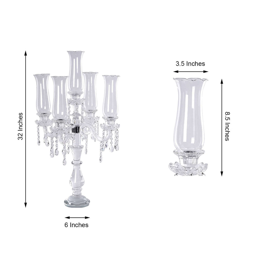 32” Five Arm Premium Crystal Glass Taper Candle Holder Candelabra With Hanging Crystals