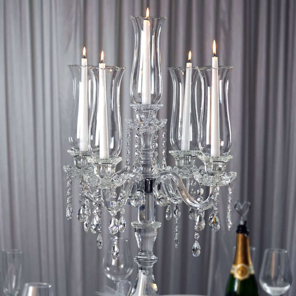 32” Five Arm Premium Crystal Glass Taper Candle Holder Candelabra With Hanging Crystals