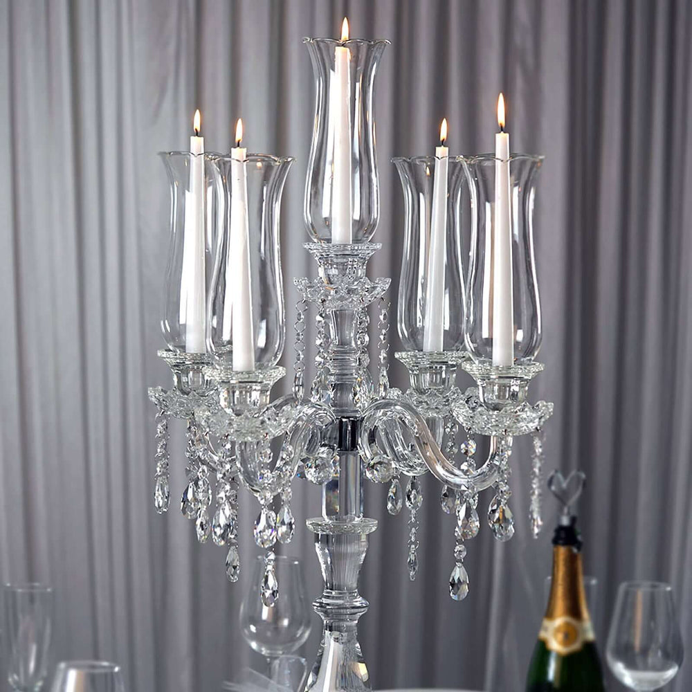 32” Five Arm Premium Crystal Glass Taper Candle Holder Candelabra With Hanging Crystals