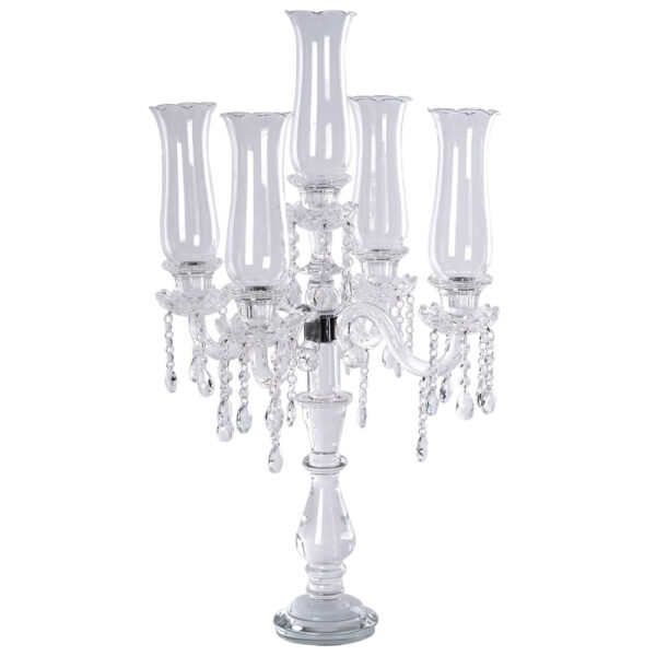 32” Five Arm Premium Crystal Glass Taper Candle Holder Candelabra With Hanging Crystals