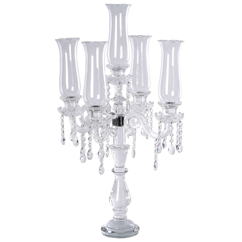 32” Five Arm Premium Crystal Glass Taper Candle Holder Candelabra With Hanging Crystals