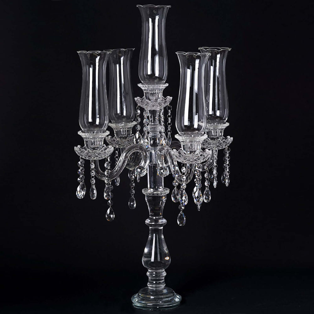 32” Five Arm Premium Crystal Glass Taper Candle Holder Candelabra With Hanging Crystals