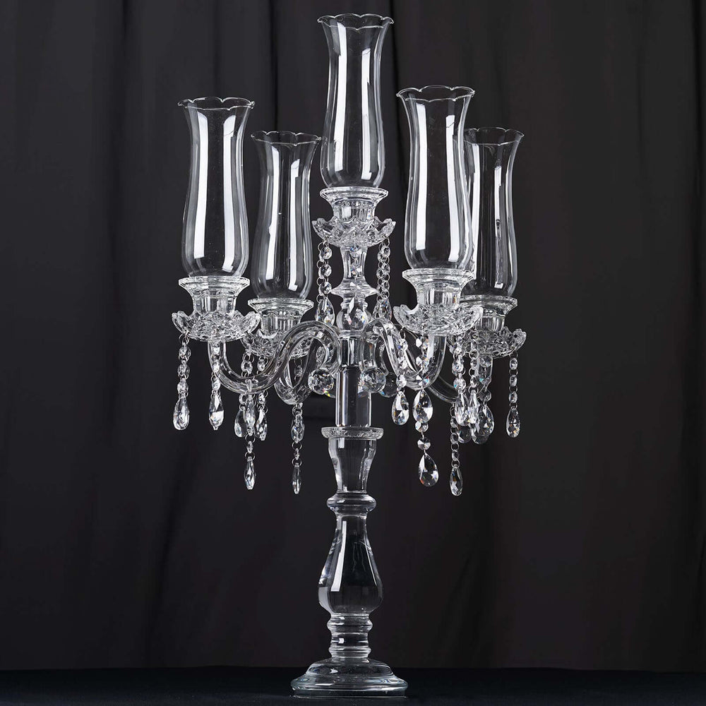 32” Five Arm Premium Crystal Glass Taper Candle Holder Candelabra With Hanging Crystals