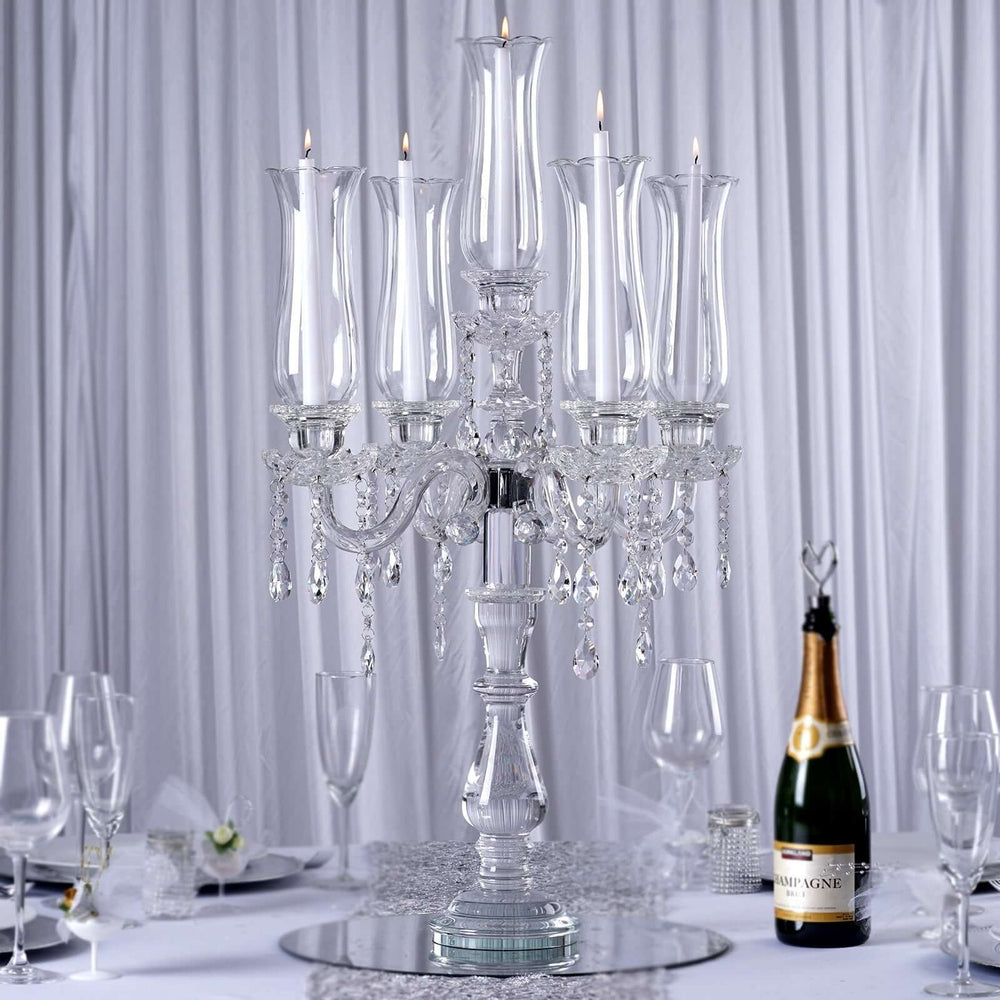 32” Five Arm Premium Crystal Glass Taper Candle Holder Candelabra With Hanging Crystals