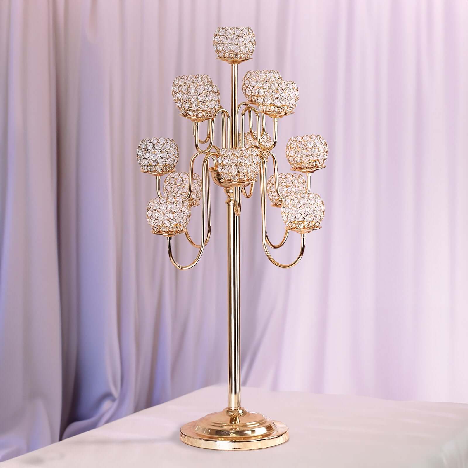 40” Tall 13 Arm Gold Metal Crystal Beaded Candelabra Candle Holders, Goblet Votive Candle Holders
