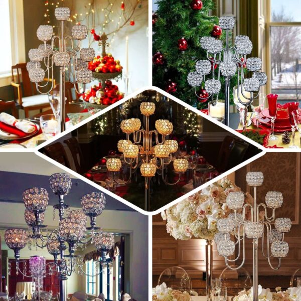 40” Tall 13 Arm Gold Metal Crystal Beaded Candelabra Candle Holders, Goblet Votive Candle Holders