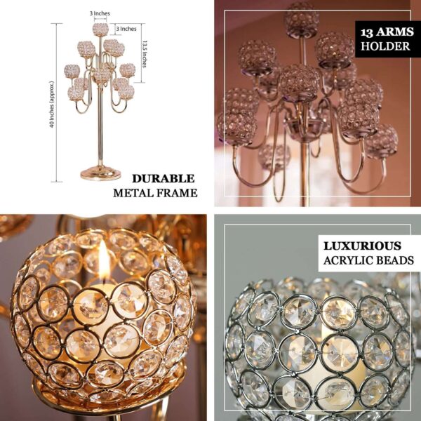 40” Tall 13 Arm Gold Metal Crystal Beaded Candelabra Candle Holders, Goblet Votive Candle Holders
