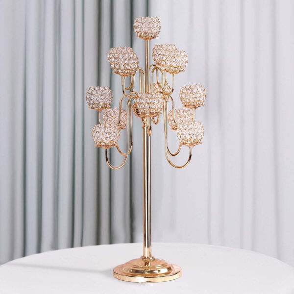 40” Tall 13 Arm Gold Metal Crystal Beaded Candelabra Candle Holders, Goblet Votive Candle Holders