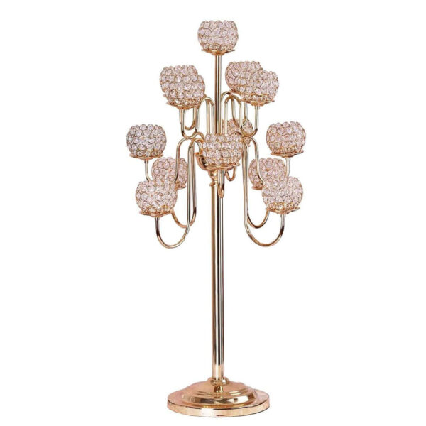 40” Tall 13 Arm Gold Metal Crystal Beaded Candelabra Candle Holders, Goblet Votive Candle Holders