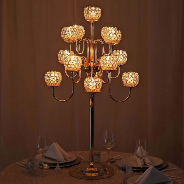 40” Tall 13 Arm Gold Metal Crystal Beaded Candelabra Candle Holders, Goblet Votive Candle Holders