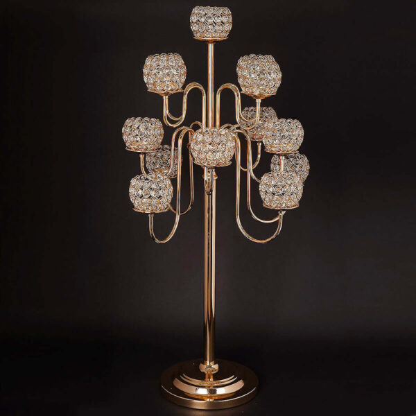 40” Tall 13 Arm Gold Metal Crystal Beaded Candelabra Candle Holders, Goblet Votive Candle Holders