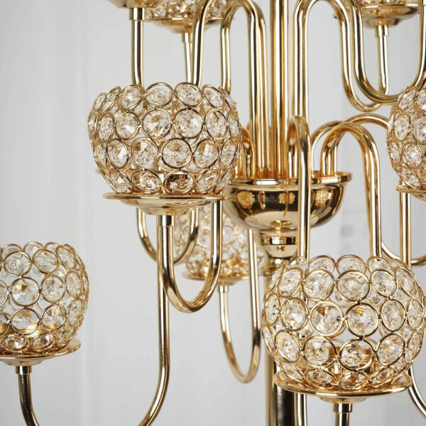 40” Tall 13 Arm Gold Metal Crystal Beaded Candelabra Candle Holders, Goblet Votive Candle Holders